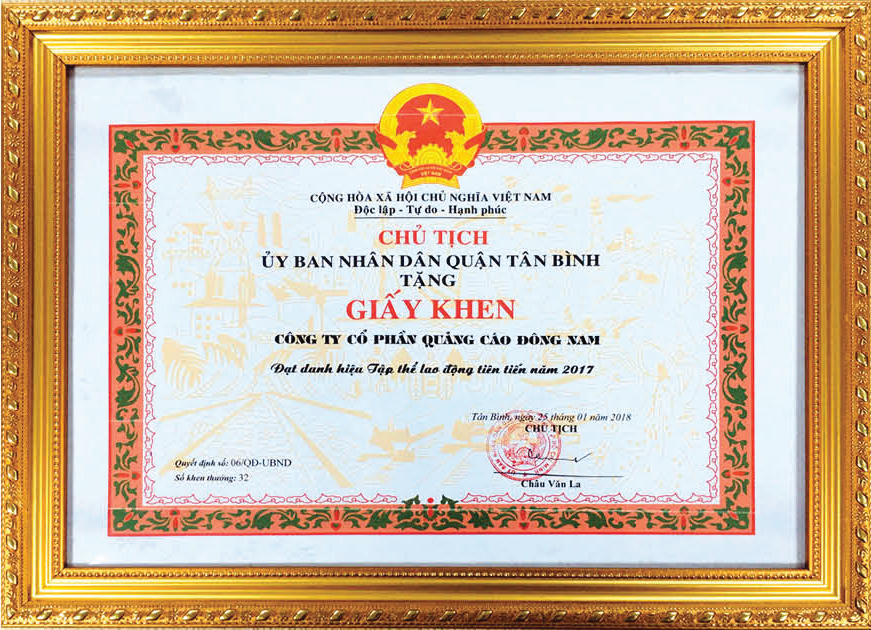 Giấy khen của Ủy ban nhân dân quận Tân Bình 
