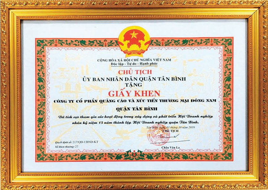 Giấy khen của Ủy ban nhân dân quận Tân Bình 