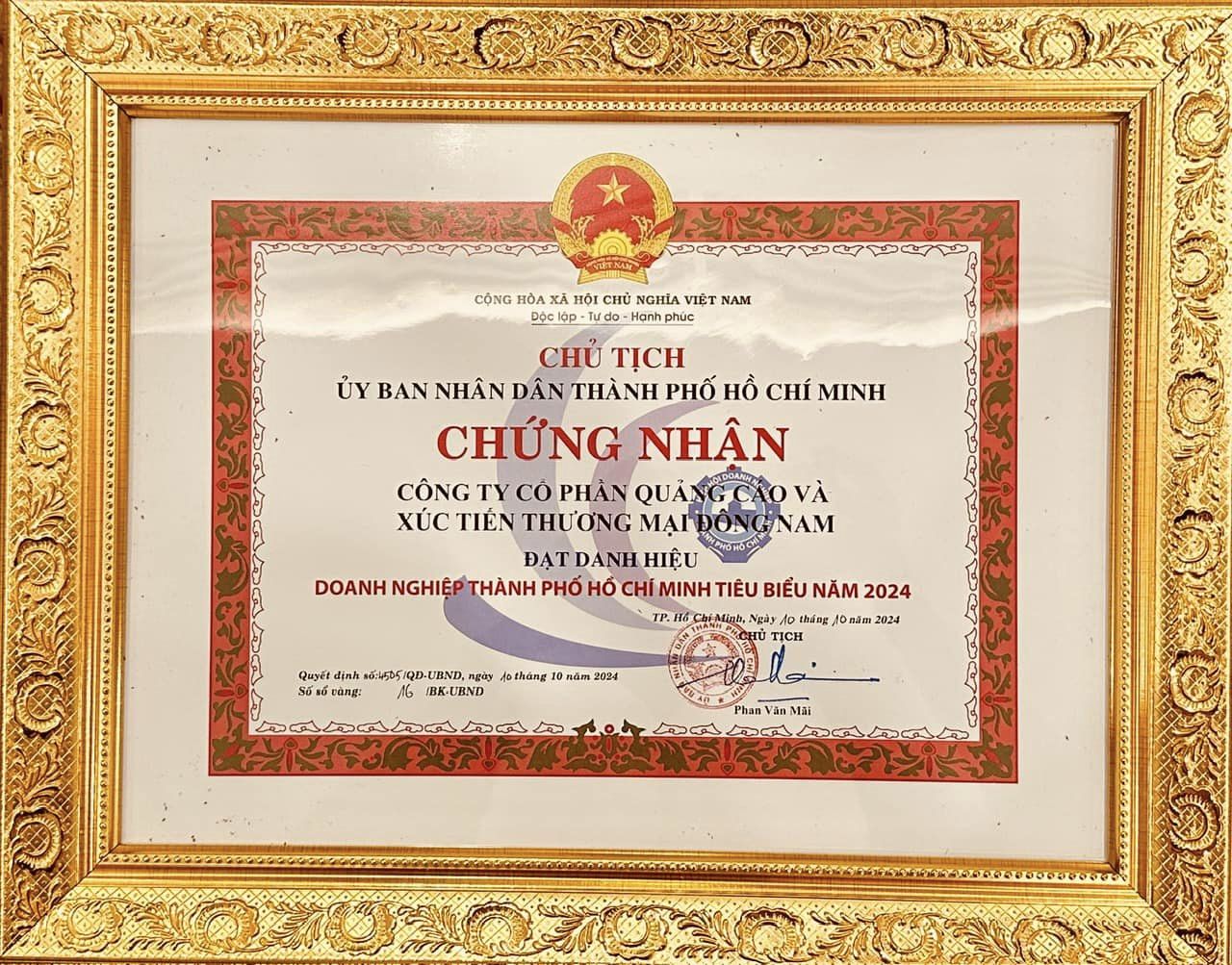 Chứng nhận "Doanh nghiệp Thành phố Hồ Chí Minh tiêu biểu năm 2024" 